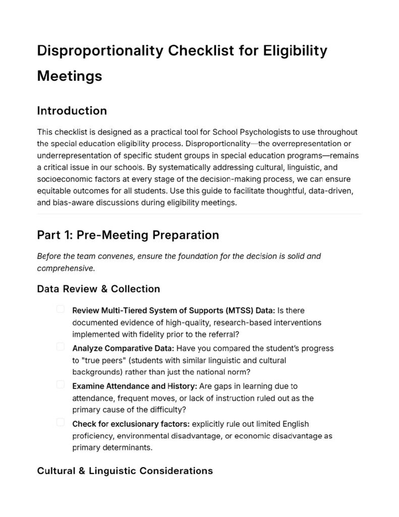 Disproportionality Checklist for School Psychologists